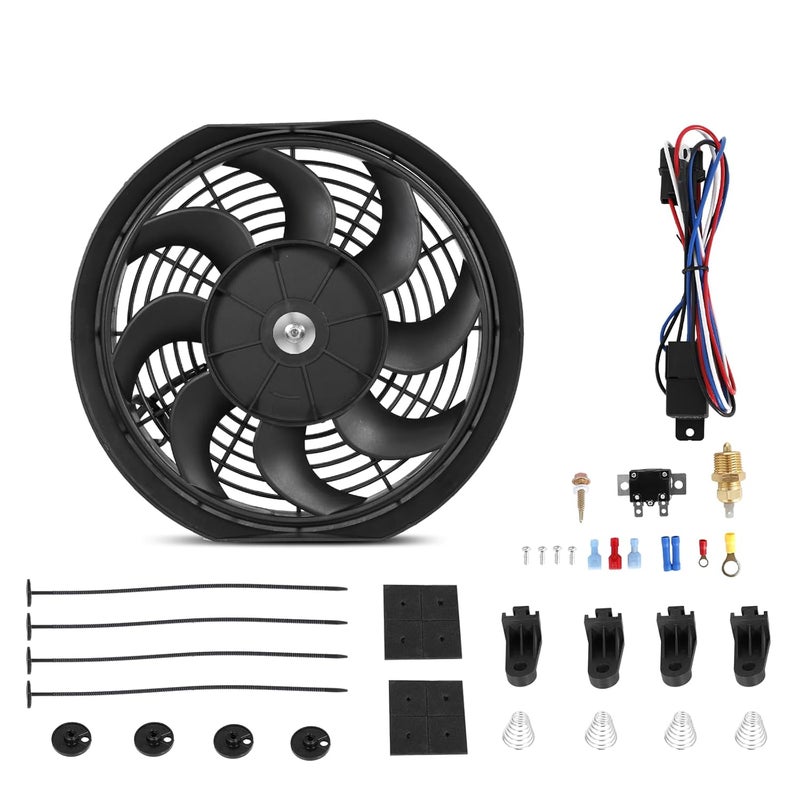 BETTERCLOUD Universal 12-Inch Slim Electric Radiator Cooling Fan Kit – 12V 80W Push/Pull with Thermostat, Relay, Wiring Harness & Mounting Kit, Universal Fit – Black - Image 1